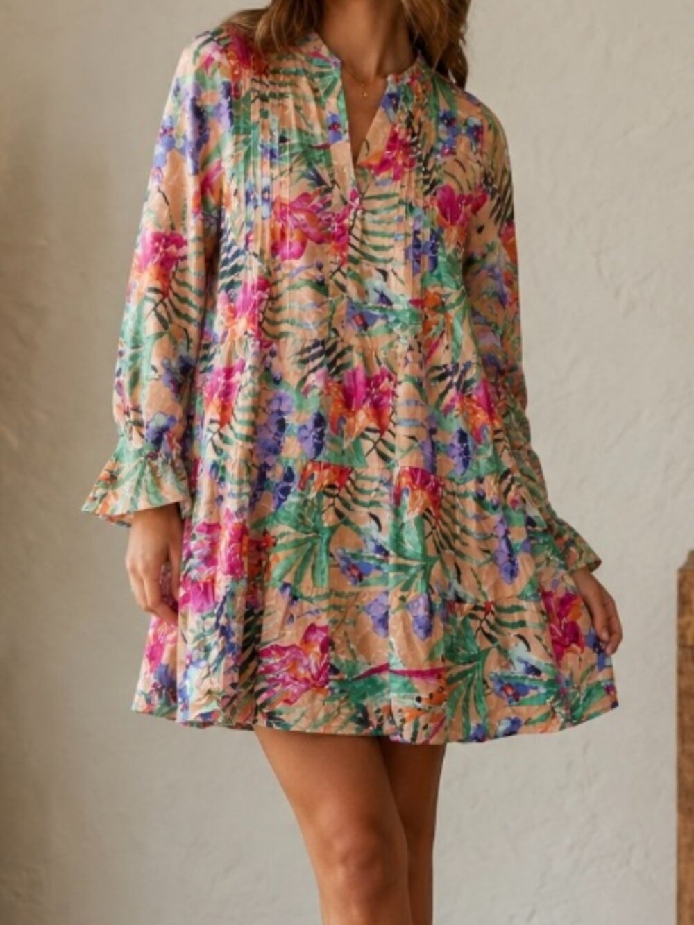 One Size Tropical Floral Long Flared Sleeves Flowy Tiered Skirt